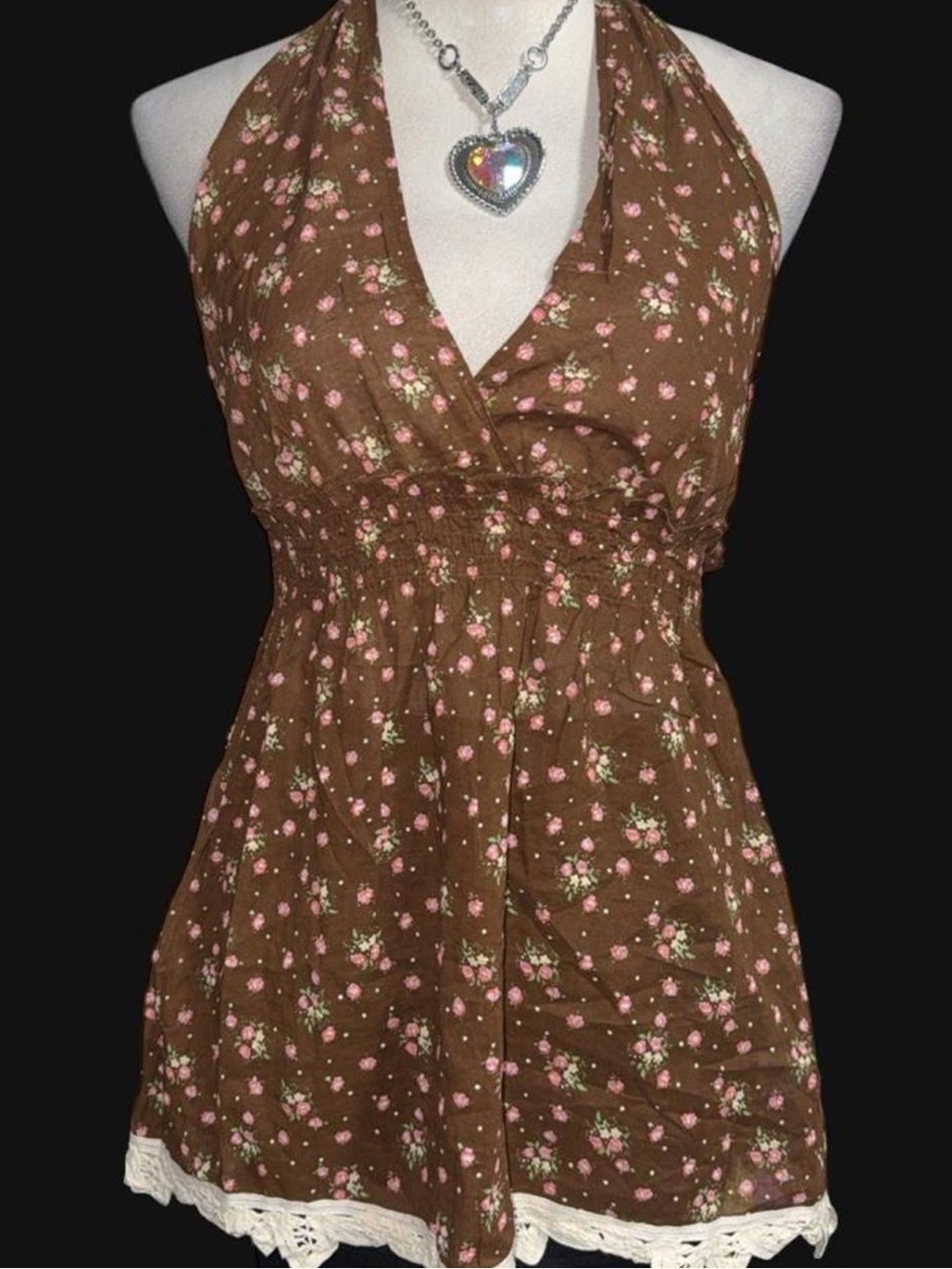 Levi's Brown Floral Halter Tank Top with Pink Accents